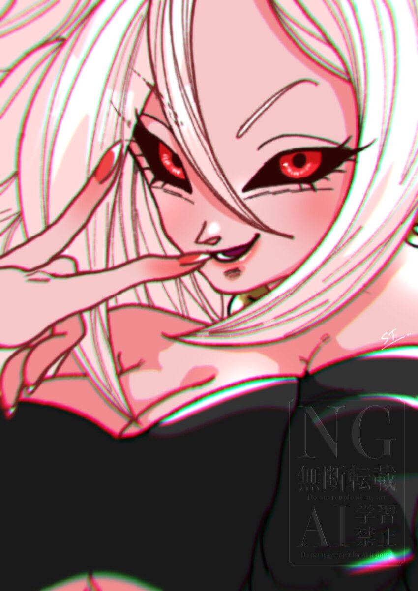 1girl, android_21, bare_shoulders, black_sclera, black_tube_top, breasts, cleavage, colored_sclera