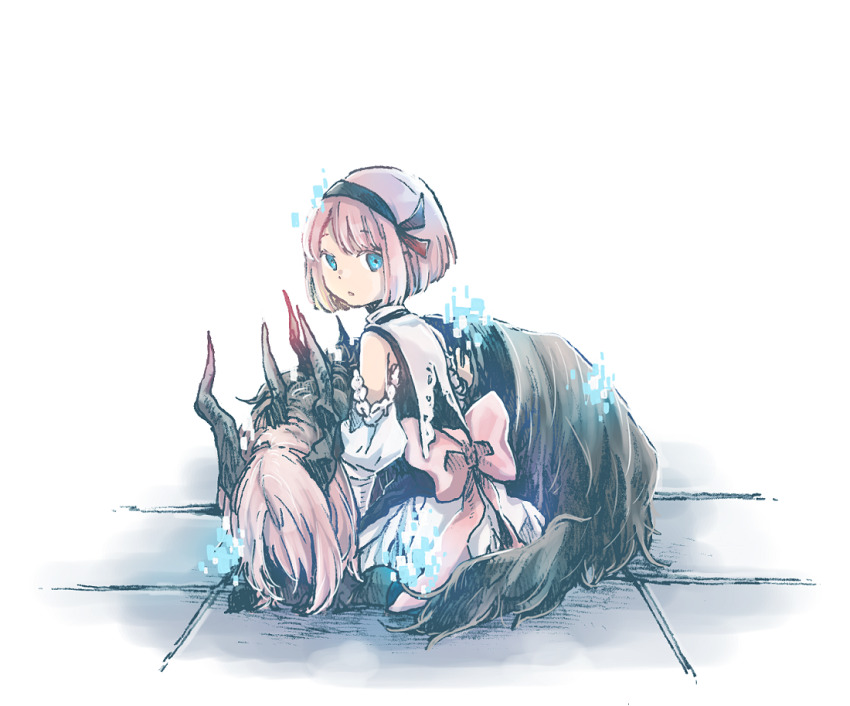 1girl, another_eden, armpit_crease, back_bow, bare_shoulders, black_hairband, black_vest, blue_eyes, bob_cut, bow, bow_hairband, capelet, clothing_cutout, commentary_request, creature, dress, from_behind, full_body, glitch, hair_ribbon, hairband, hatching_(texture), horns, large_bow, linear_hatching, long_sleeves, looking_at_viewer, looking_back, mana_(another_eden), michibata_65, on_floor, parted_bangs, parted_lips, pink_bow, pink_hair, red_ribbon, ribbon, seiza, shadow, short_hair, shoulder_cutout, simple_background, sitting, solo, tile_floor, tiles, turning_head, vest, white_background, white_capelet, white_dress