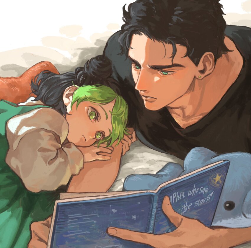 1boy, 1girl, aged_down, black_hair, book, child, double_bun, earrings, father_and_child, father_and_daughter, green_eyes, green_hair, hair_bun, highres, holding, holding_another's_arm, holding_book, jewelry, jojo_no_kimyou_na_bouken, kuujou_jolyne, kuujou_joutarou, looking_at_another, looking_at_object, lying, medium_hair, multicolored_hair, on_side, on_stomach, parent_and_child, parted_bangs, reading, reading_together, short_hair, stuffed_animal, stuffed_dolphin, stuffed_toy, togusa_jj, two-tone_hair