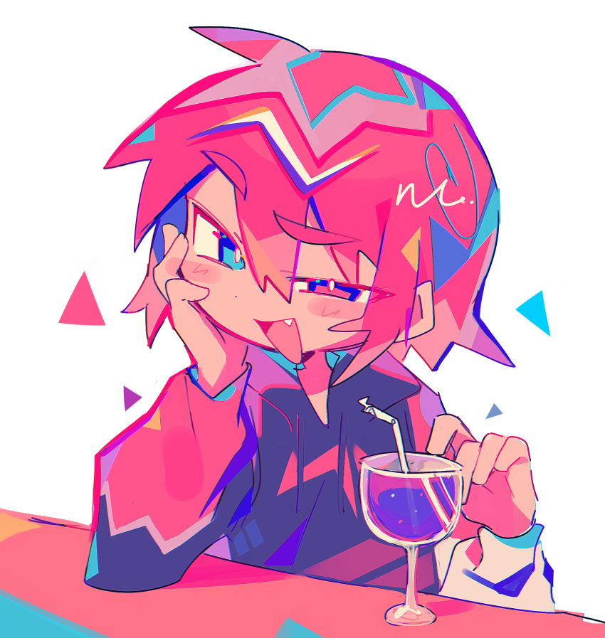 1boy, blue_eyes, blush_stickers, bright_pupils, commentary_request, cup, drawstring, drinking_glass, drinking_straw, eyes_visible_through_hair, fang, hair_between_eyes, hand_on_own_cheek, hand_on_own_face, heterochromia, highres, hood, hoodie, long_sleeves, male_focus, mouth_outside_face, open_mouth, original, pink_eyes, pink_hair, pink_hoodie, raito-kun_(uenomigi), short_hair, smile, solo, tsurime, uenomigi, uneven_eyes, upper_body, white_pupils