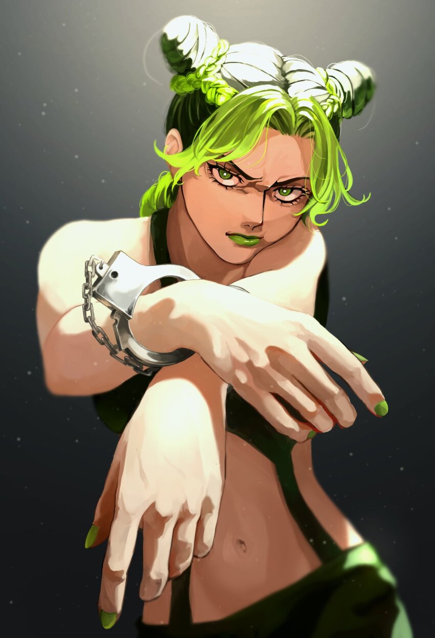 1girl, bare_shoulders, braid, bun_with_braided_base, cone_hair_bun, cuffs, double_bun, glaring