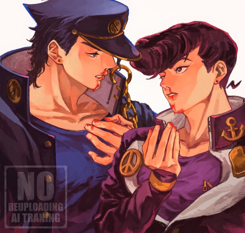 2boys, anchor_ornament, black_hair, black_jacket, blood, blood_on_face, blood_on_hands, blue_eyes