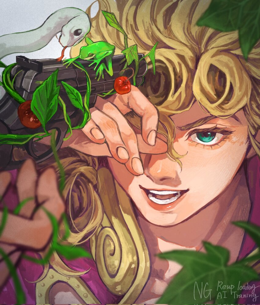 blonde_hair, commentary, film_grain, frog, giorno_giovanna, green_eyes, gun, gun_to_head