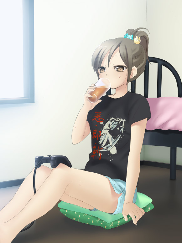 1girl, bed, blue_shorts, brown_eyes, brown_hair, controller, cup, cushion