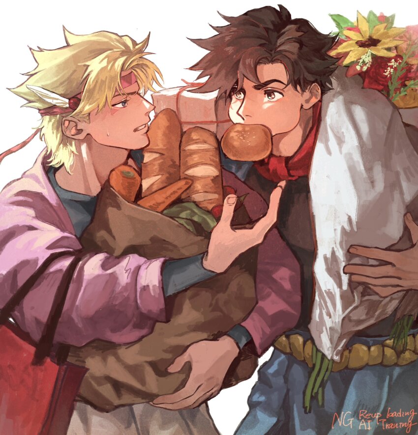 2boys, aqua_shirt, bag, baguette, battle_tendency, black_shirt, blonde_hair, bouquet