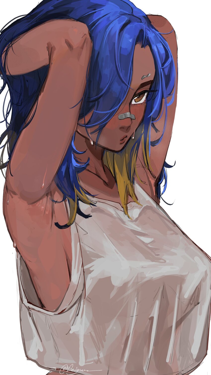 1girl, absurdres, alternate_costume, armpits, arms_behind_head, blush, breasts, brown_eyes