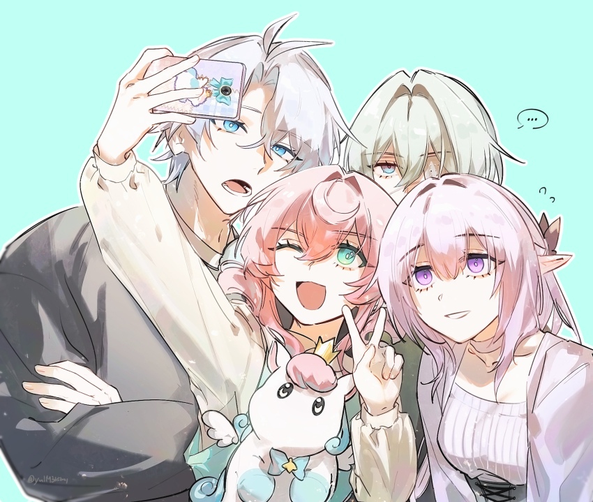 ..., 2boys, 2girls, alternate_costume, anaxa_(honkai:_star_rail), aqua_background, aqua_hair, blue_eyes