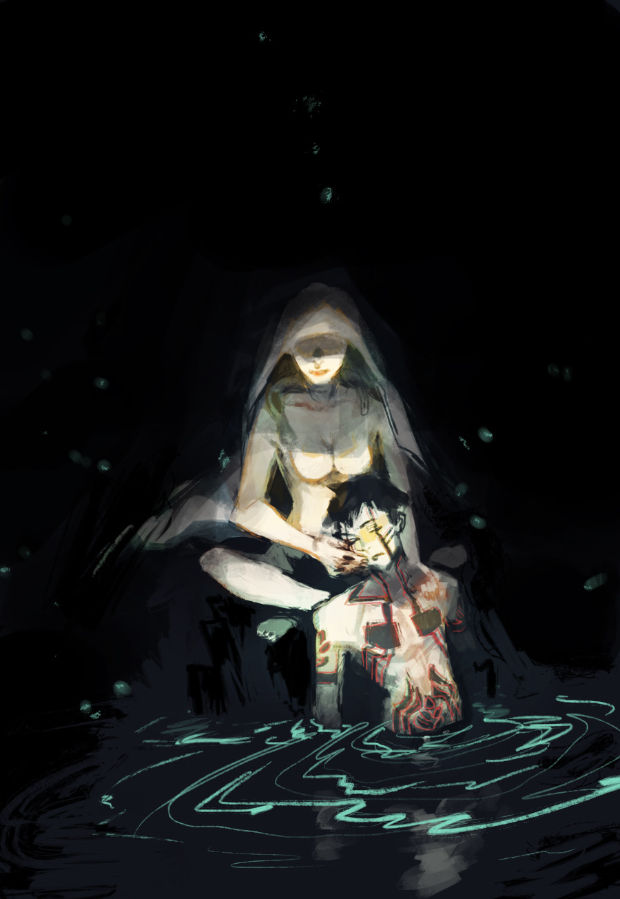 1boy, 1girl, black_background, black_hair, body_markings, breasts, closed_eyes, crossed_legs, dark_background, demi-fiend, faceless, faceless_female, fraekugel, full-body_tattoo, glowing, hand_on_another's_cheek, hand_on_another's_face, hand_on_another's_shoulder, highres, lady_of_the_fount, no_nipples, partially_submerged, resting, shin_megami_tensei, shin_megami_tensei_iii:_nocturne, short_hair, tattoo, topless_male, veil, water