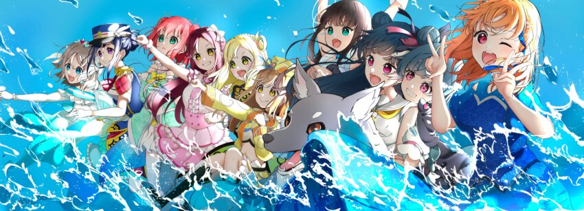 6+girls, ;d, absurdres, aoiao, aqua_eyes, black_capelet, black_hair, blonde_hair