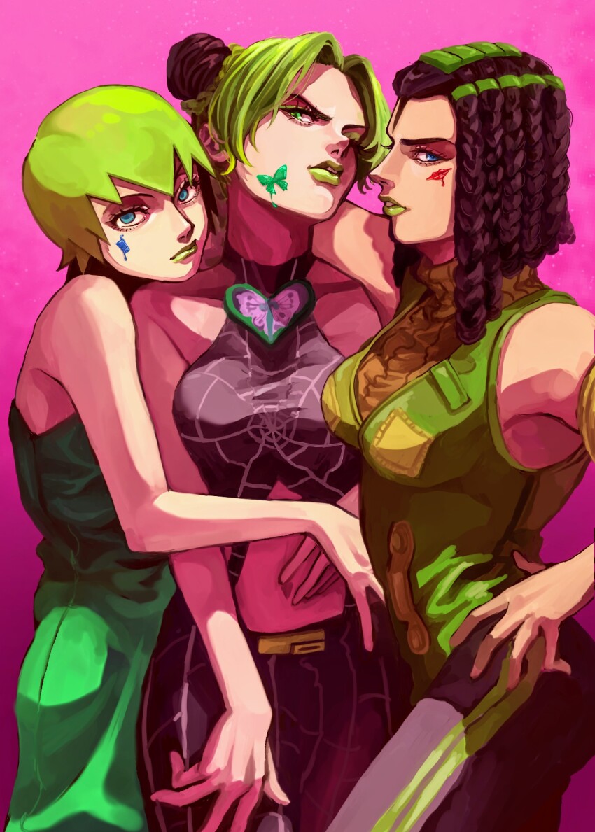 3girls, aqua_eyes, aqua_hair, arm_on_another's_shoulder, bare_shoulders, black_hair, black_pants, blue_eyes, blue_hair, braid, breasts, bun_with_braided_base, commentary, curtained_hair, double_bun, dreadlocks, ermes_costello, eyelashes, facial_mark, foo_fighters_(jojo), forehead_tattoo, green_eyes, green_hair, green_lips, green_overalls, green_vest, hair_bun, hand_on_another's_waist, hand_on_own_hip, hand_on_own_stomach, head_tilt, highres, jojo_no_kimyou_na_bouken, kuujou_jolyne, looking_at_viewer, looking_to_the_side, medium_breasts, medium_hair, multicolored_hair, multiple_girls, navel, overalls, pants, parted_bangs, pink_background, ribbed_sweater, short_hair, sleeveless, sleeveless_sweater, small_breasts, spider_web_print, stone_ocean, sweater, tattoo, togusa_jj, turtleneck, turtleneck_sweater, two-tone_hair, vest, yellow_sweater