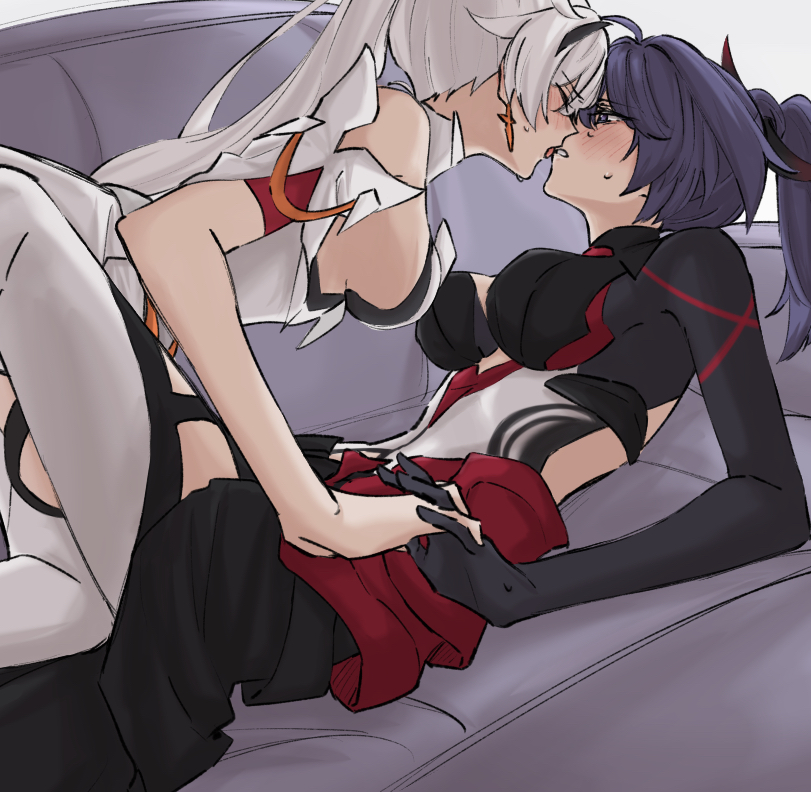 2girls, between_legs, black_bodysuit, blush, bodysuit, breasts, commentary, couch