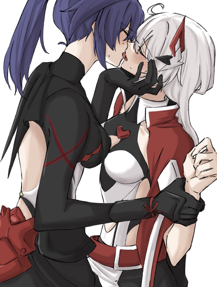2girls, ahoge, backless_outfit, blush, breasts, closed_eyes, commentary, french_kiss