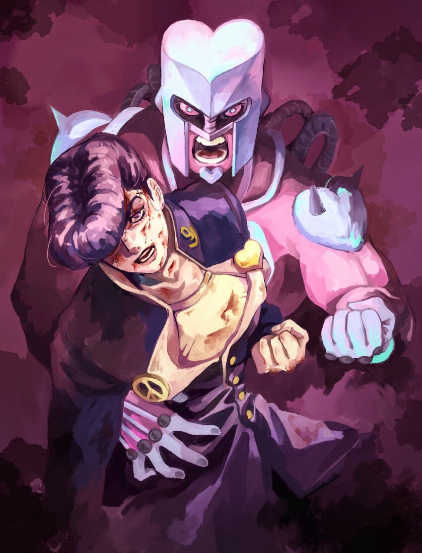 1boy, 1other, abstract_background, anchor_ornament, black_hair, blood, blood_on_face, clenched_hand, colored_skin, crazy_diamond, diamond_wa_kudakenai, gakuran, hand_on_another's_waist, helmet, higashikata_josuke, highres, jojo_no_kimyou_na_bouken, male_focus, open_mouth, peace_symbol, pink_skin, pompadour, purple_gakuran, school_uniform, shirt, shouting, togusa_jj, yellow_shirt