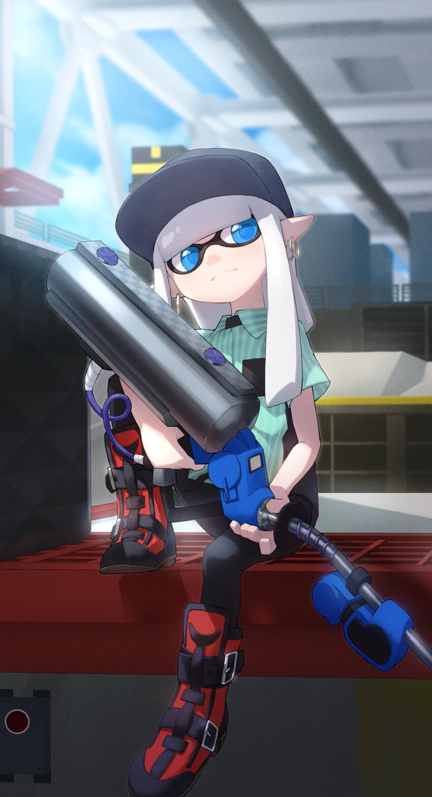 1girl, baseball_cap, black_hat, black_pants, blue_eyes, blue_pupils, boots, collared_shirt