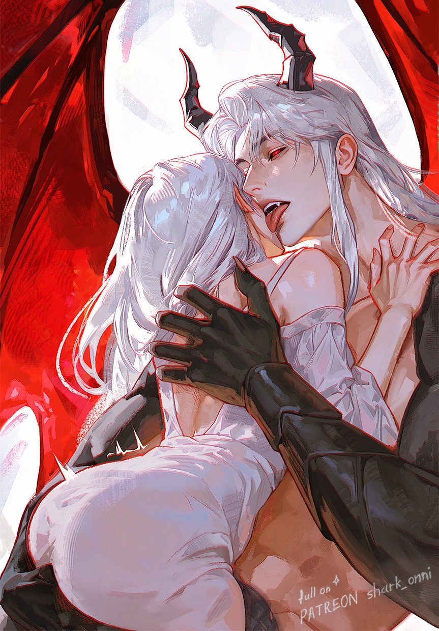 1boy, 1girl, black_horns, blush, claws, collarbone, couple, dragon_boy, dragon_horns, dragon_wings, dress, ear_blush, fang, hetero, highres, horns, licking, licking_another's_face, long_hair, looking_at_another, love_and_deepspace, open_mouth, parted_bangs, patreon_username, protagonist_(love_and_deepspace), red_eyes, red_wings, shark_onni, sitting, sylus_(love_and_deepspace), teeth, tongue, tongue_out, upper_teeth_only, white_dress, white_hair, wings