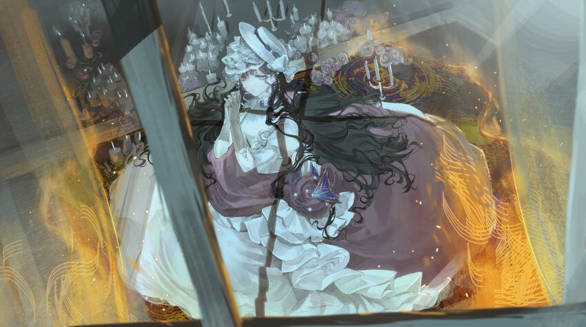 1girl, absurdres, black_hair, candle, candlestand, chacha_(chachachaqqq), closed_mouth, dress