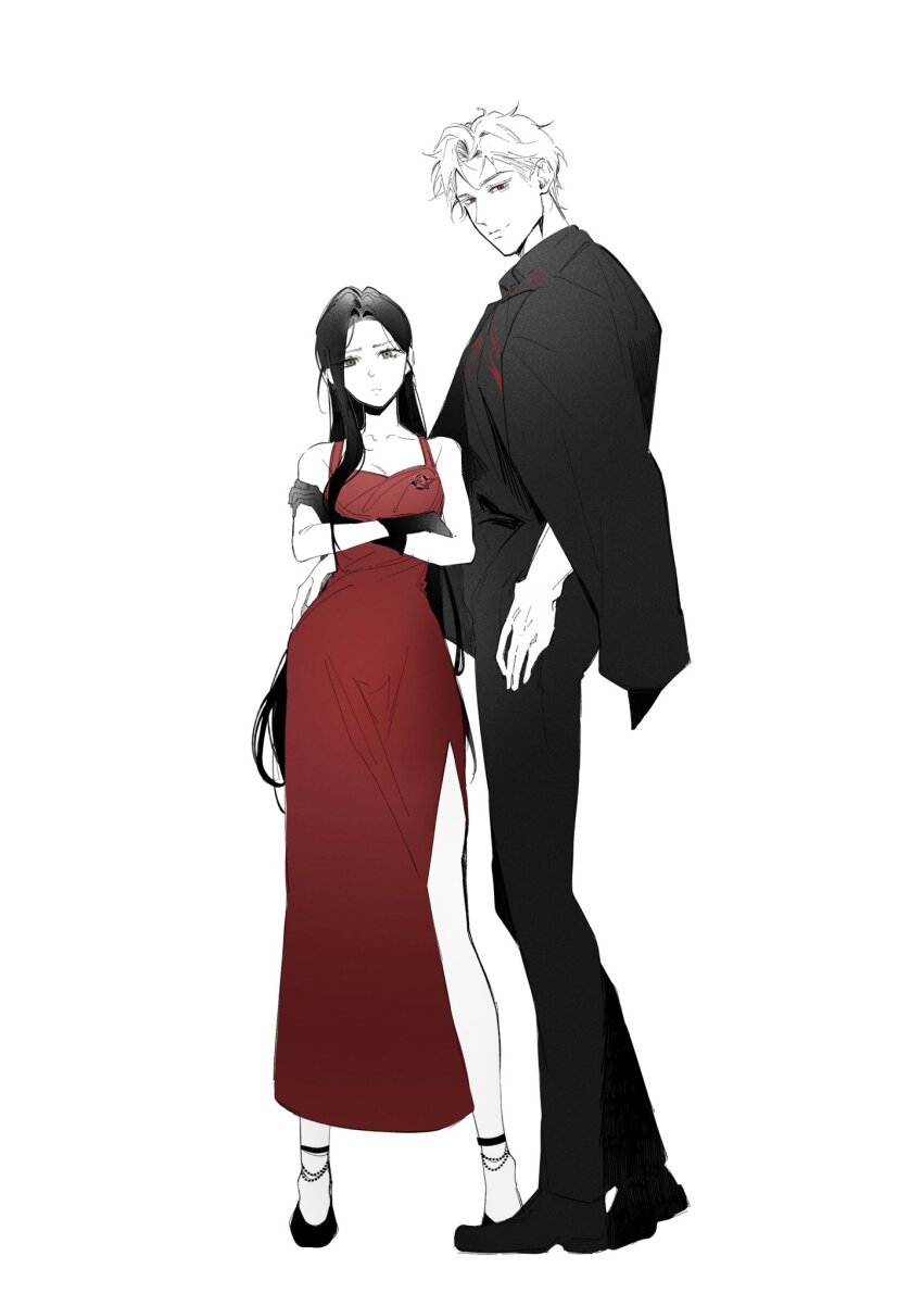 1boy, 1girl, brooch, closed_mouth, couple, dress, eyelashes, full_body