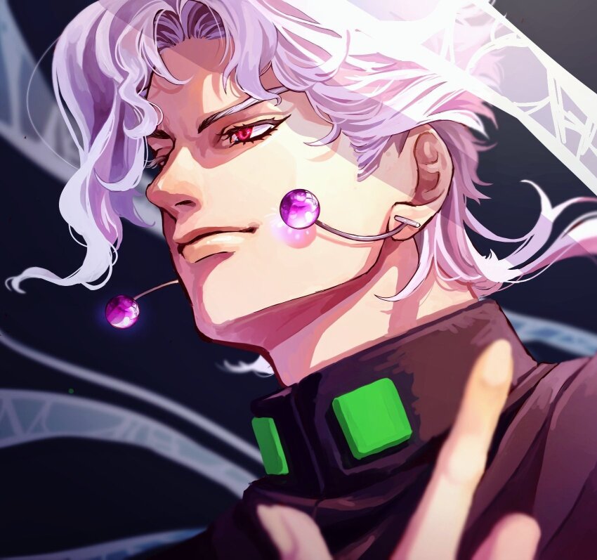 1boy, asymmetrical_bangs, cherry_earrings, curtained_hair, earrings, floating_hair, food-themed_earrings, food_themed_earrings