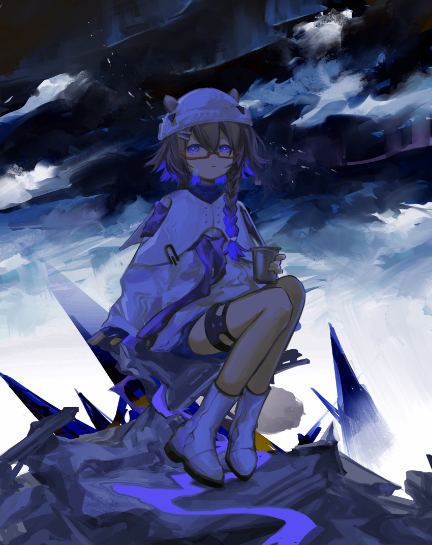 1girl, absurdres, animal_ears, arknights, beanie, blue_pupils, boots, brown_hair