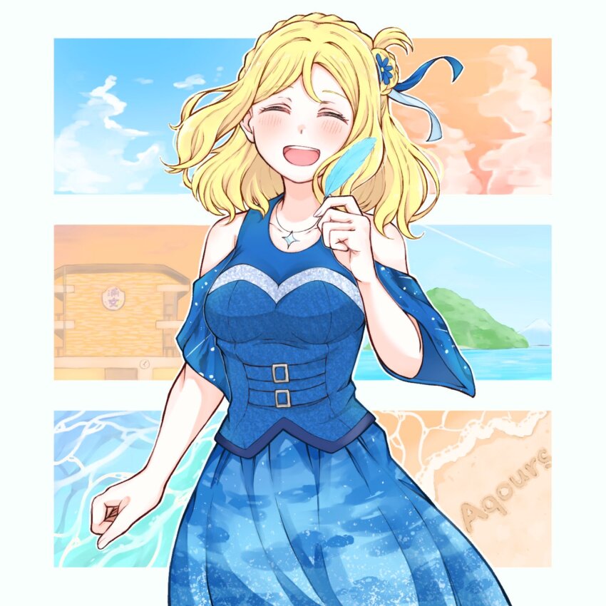 1girl, :d, ^_^, blonde_hair, blue_feathers, blue_shirt, blue_skirt, blue_sky
