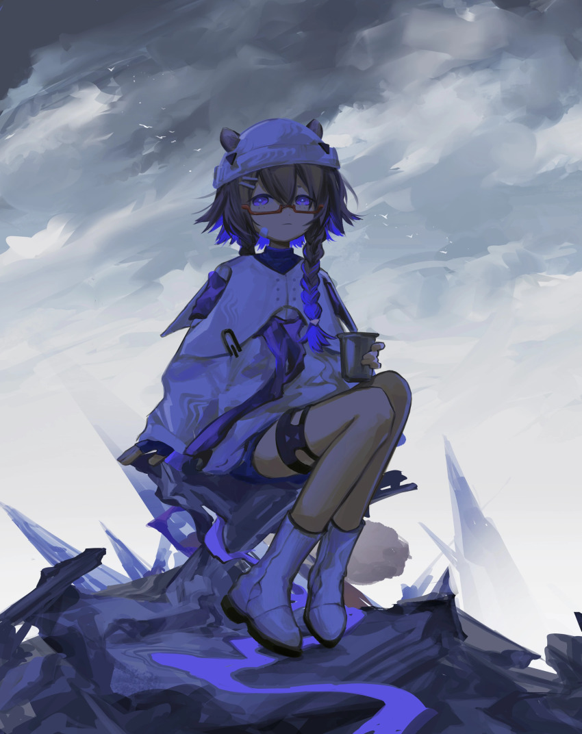 1girl, absurdres, animal_ears, arknights, beanie, blue_pupils, boots, brown_hair