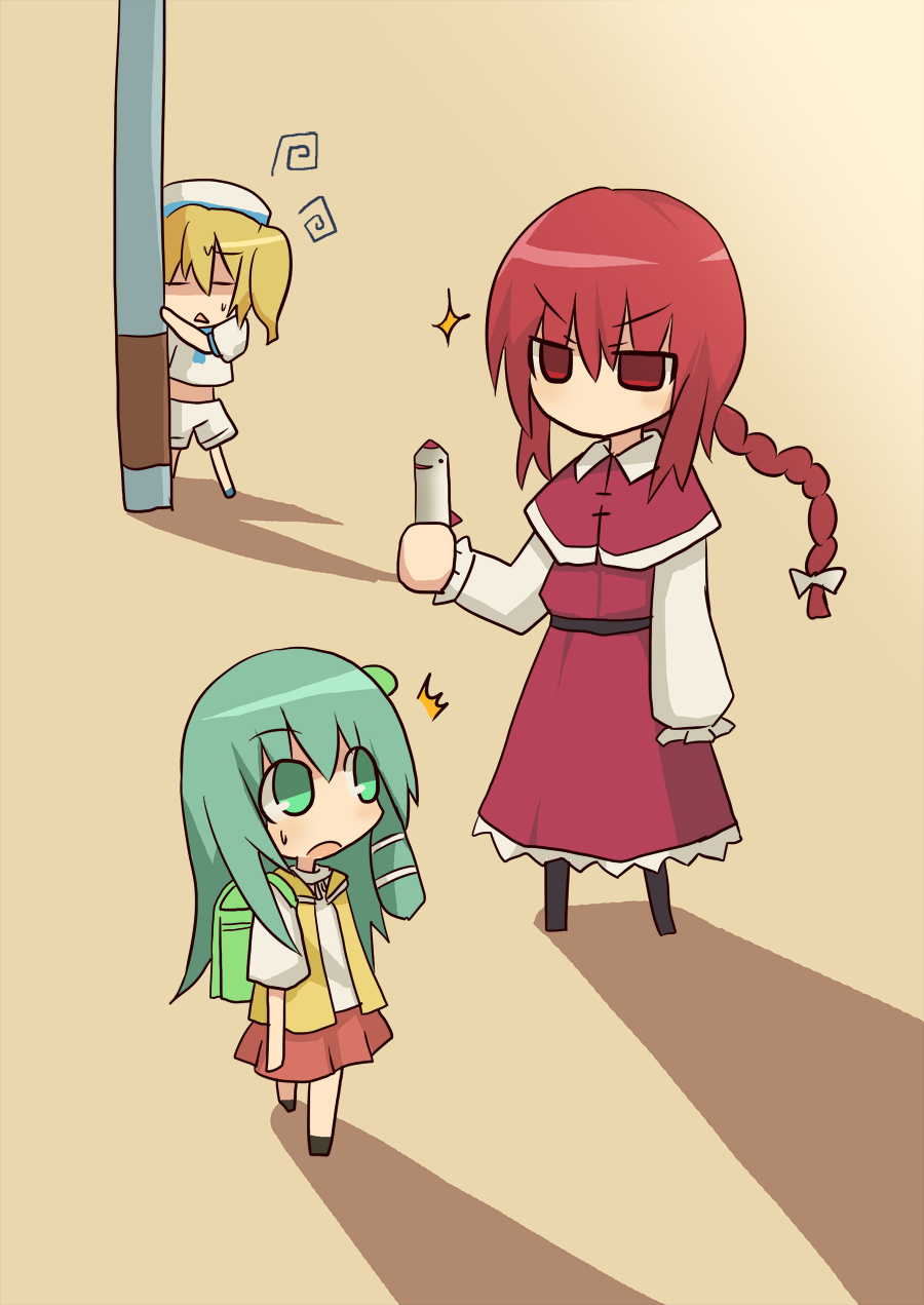 3girls, ^^^, backpack, bad_id, bad_pixiv_id, bag, blonde_hair, braid, chibi, child, comic, female_focus, green_eyes, green_hair, hair_ribbon, highres, himegi, jitome, kitashirakawa_chiyuri, kochiya_sanae, mimi-chan, multiple_girls, okazaki_yumemi, phantasmagoria_of_dim.dream, red_eyes, red_hair, ribbon, sailor, sparkle, squiggle, touhou, touhou_(pc-98), aged_down