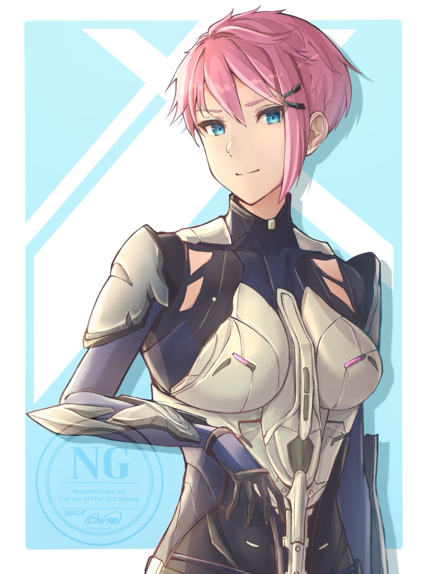 1girl, blue_eyes, border, breasts, closed_mouth, commentary_request, double-parted_bangs, hair_ornament