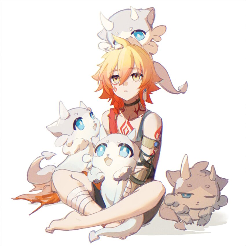 1boy, aged_down, anxilotus, bandages, barefoot, blue_eyes, braid, bright_pupils