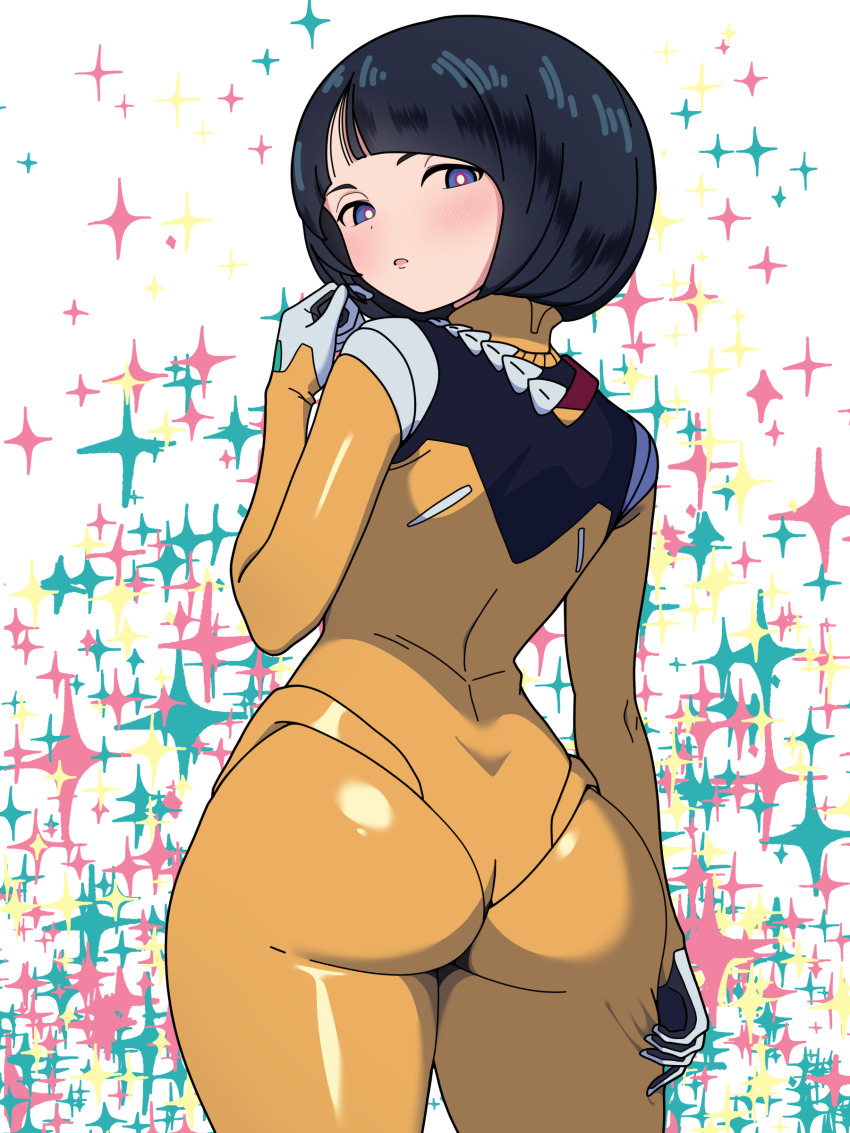 1girl, absurdres, ass, black_hair, blue_eyes, blush, bodysuit, commentary_request