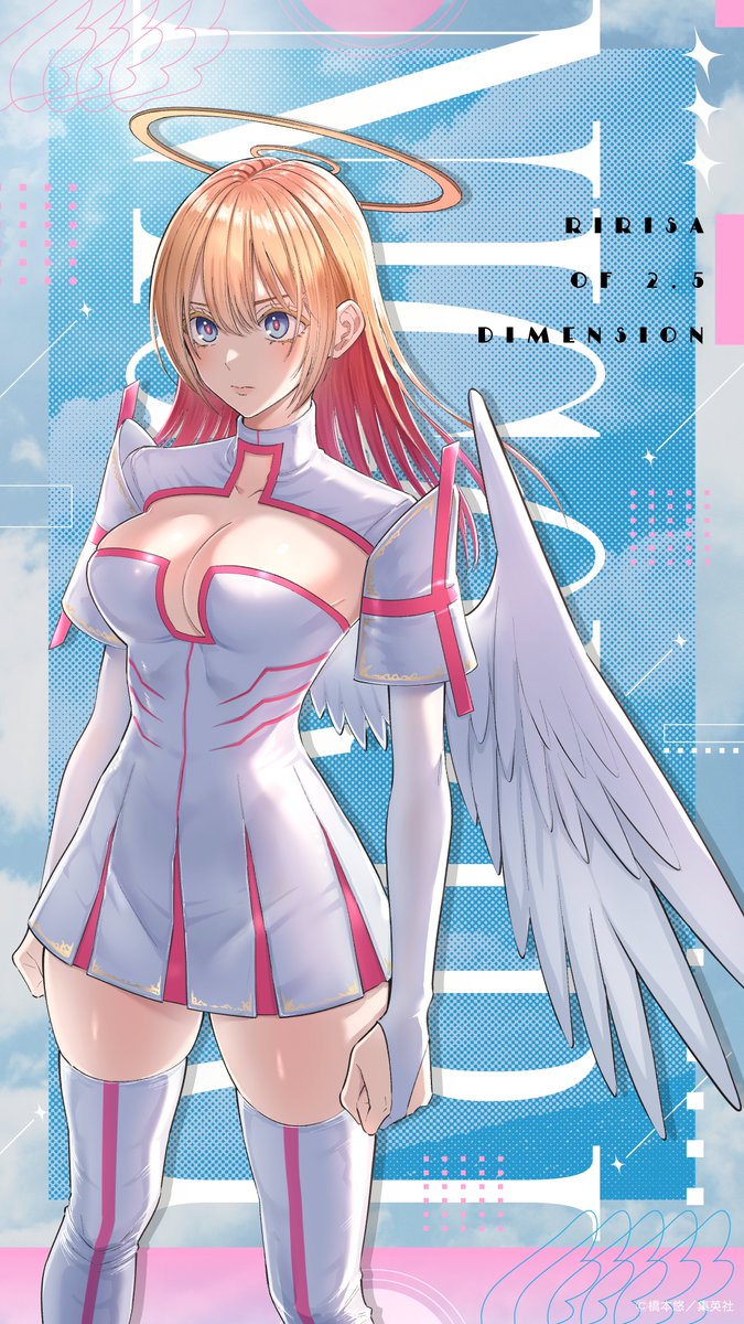 1girl, 2.5_jigen_no_ririsa, amano_ririsa, angel_wings, blonde_hair, blue_eyes, breasts, center_opening