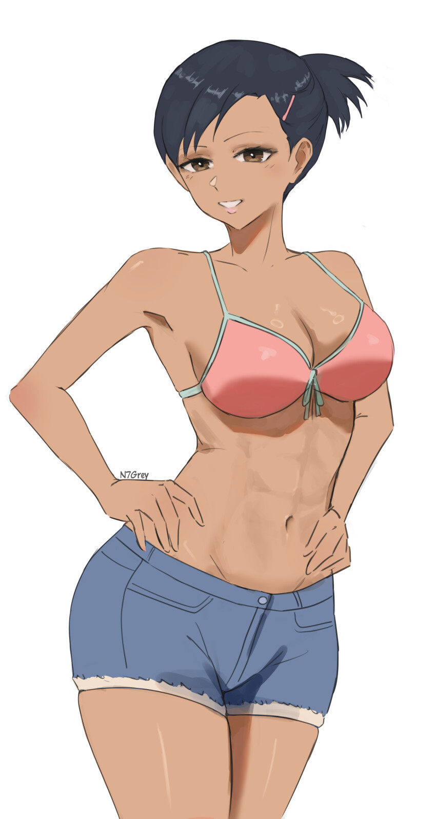 1girl, absurdres, bare_shoulders, bikini, black_hair, blue_shorts, blush, breasts, brown_eyes, cleavage, cosplay, dark-skinned_female, dark_skin, denim, denim_shorts, hair_ornament, hairclip, highres, medium_breasts, n7grey, navel, nishiwaki_yuuko, persona, persona_3, pink_bikini, short_hair, shorts, smile, stomach, swimsuit, takeba_yukari, takeba_yukari_(cosplay)
