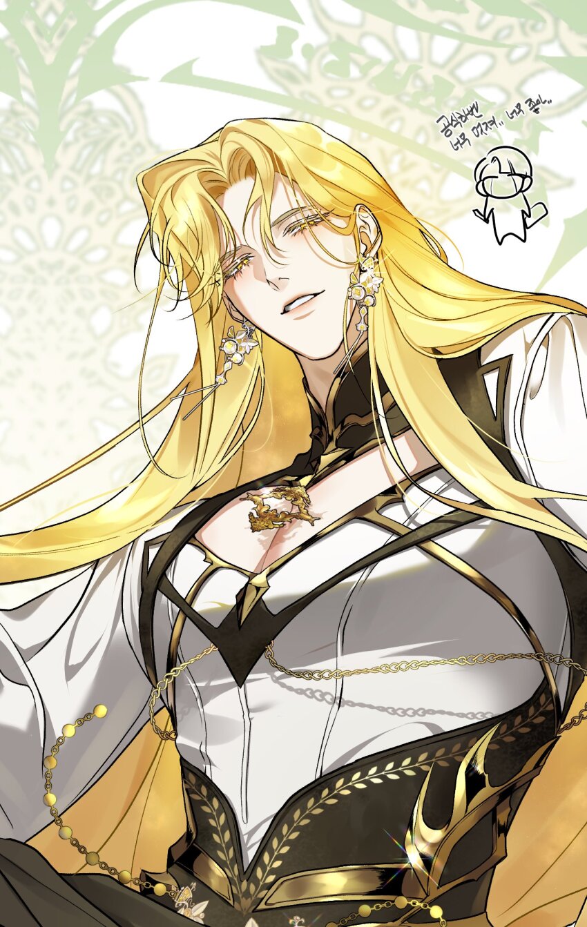 030lala, 1boy, artist_self-insert, black_sash, blonde_hair, chain, chibi, chibi_inset, cleavage_cutout, clothing_cutout, colored_eyelashes, commentary, crying, curtained_hair, earrings, eruhaben, glint, gold_trim, half-closed_eyes, highres, holding, holding_paper, holding_pen, jewelry, korean_text, lips, long_hair, long_sleeves, looking_at_viewer, lout_of_count's_family, male_focus, mandarin_collar, paper, parted_bangs, parted_lips, pectoral_cleavage, pectorals, pen, pendant, puffy_long_sleeves, puffy_sleeves, sash, shirt, smile, solo, streaming_tears, untranslatable_commentary, tears, translation_request, upper_body, very_long_hair, white_background, white_shirt, yellow_eyes