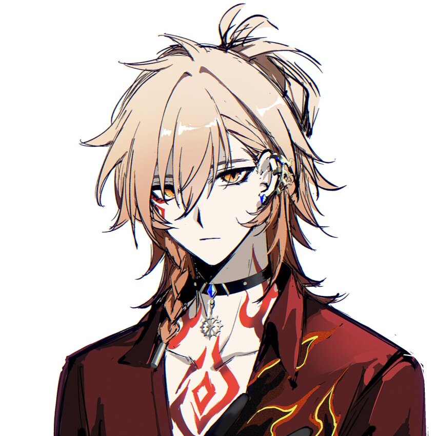 1boy, alternate_costume, anxilotus, black_collar, blonde_hair, braid, chest_tattoo, chinese_commentary