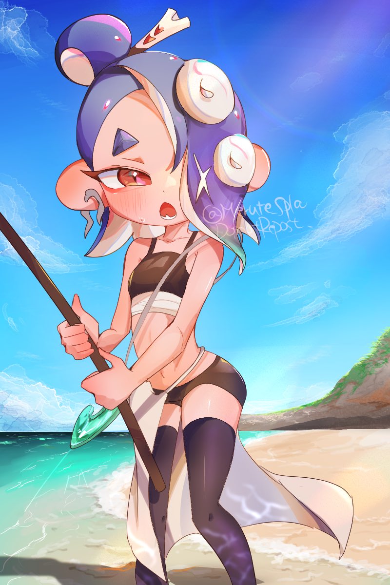 1girl, artist_name, beach, black_shorts, black_thighhighs, blue_hair, blue_sky, blush