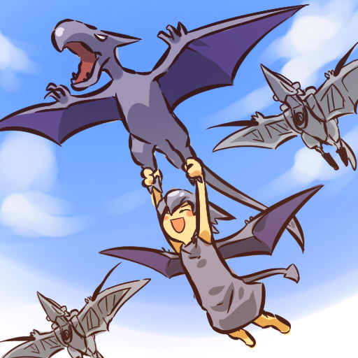 1990s_(style), 1girl, aerodactyl, blush_stickers, closed_eyes, creature_and_personification, day, dress, gen_1_pokemon, grey_hair, hitec, holding_with_feet, moemon, nintendo, open_mouth, personification, pokemon, pokemon_(creature), pokemon_red/green/blue/yellow, raven_(zoids), retro_artstyle, shadow_(zoids), sky, storm_sworder, tail, wings, zoids