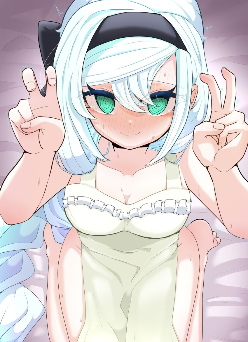 1girl, @_@, apron, artmage_finmel, black_hairband, blush, double_v, duel_monster, embarrassed, green_eyes, hairband, highres, long_hair, looking_at_viewer, naked_apron, sitting, solo, sweat, v, very_long_hair, wariza, white_apron, white_hair, wize_(adklahniehov6ib), yu-gi-oh!