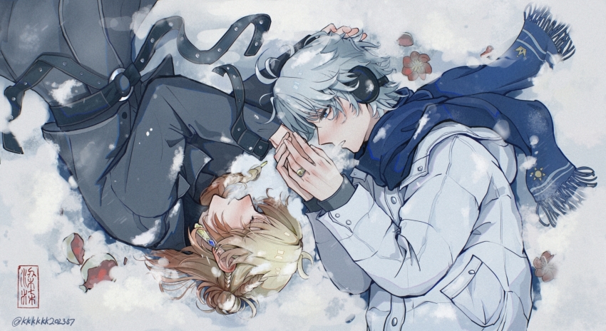 2boys, antenna_hair, black_coat, blonde_hair, blue_eyes, blue_scarf, braid, closed_eyes