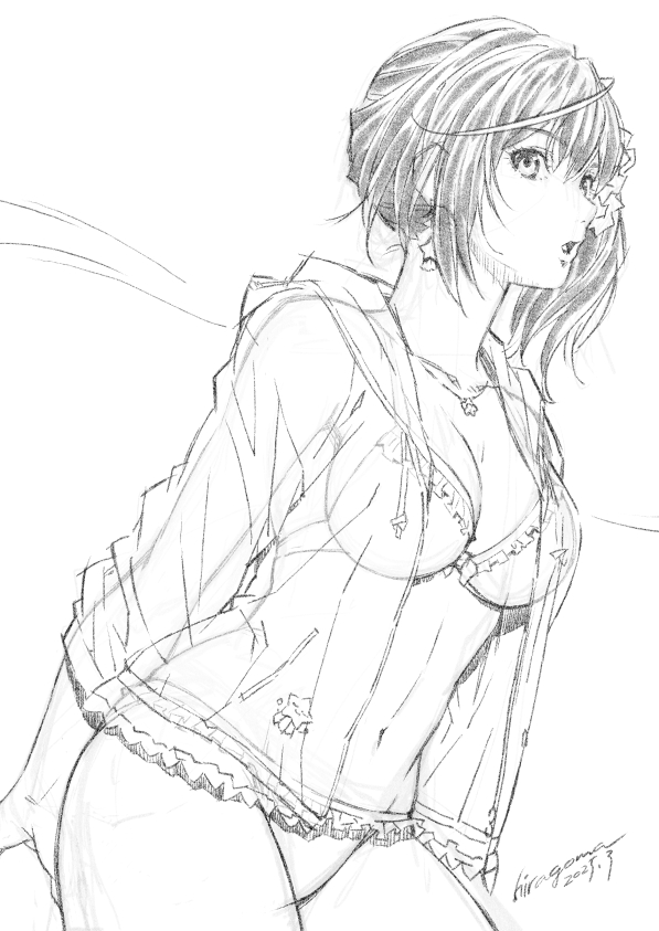 1girl, ass, bikini, breasts, cardigan, cleavage, collar, dated