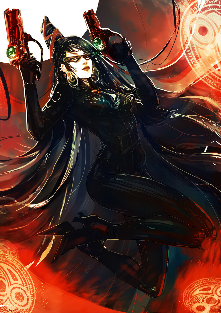 1girl, 2017, absurdly_long_hair, alternate_costume, arms_up, bayonetta, bayonetta_(series), beehive_hairdo, black_bodysuit, bodysuit, breasts, cleavage, clenched_hands, closed_mouth, clothing_cutout, collarbone, commentary, dual_wielding, earrings, english_commentary, female_focus, floating_hair, full_body, glasses, gun, handgun, high_heels, highres, holding, holding_gun, holding_weapon, jewelry, leg_up, living_clothes, long_hair, looking_at_viewer, magic, magic_circle, medium_breasts, midriff, mole, mole_under_mouth, n1njaflu0, pistol, simple_background, solo, variant_set, very_long_hair, weapon, white_background