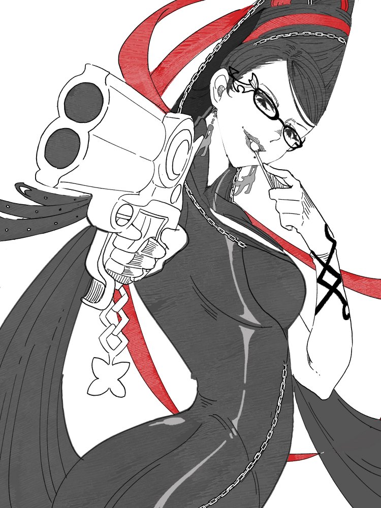 1girl, 2025, aiming, aiming_at_viewer, bayonetta, bayonetta_(series), bayonetta_1, beehive_hairdo, black_hair, breasts, c1edra, candy, clenched_hand, clothing_cutout, commentary, cropped_torso, curvy, earrings, female_focus, flat_color, food, food_in_mouth, foreshortening, glasses, gloves, gun, hair_ribbon, half-closed_eyes, handgun, head_tilt, holding, holding_weapon, jewelry, large_breasts, light_smile, lips, lollipop, lollipop_in_mouth, long_hair, looking_at_viewer, mole, mole_under_mouth, pistol, ribbon, sideboob, simple_background, solo, spot_color, upper_body, very_long_hair, weapon, white_background, white_gloves