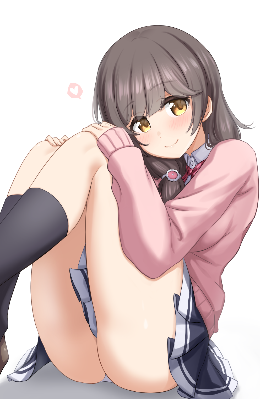 1girl, blush, brown_eyes, cardigan, closed_mouth, highres, hugging_own_legs, kibihimi