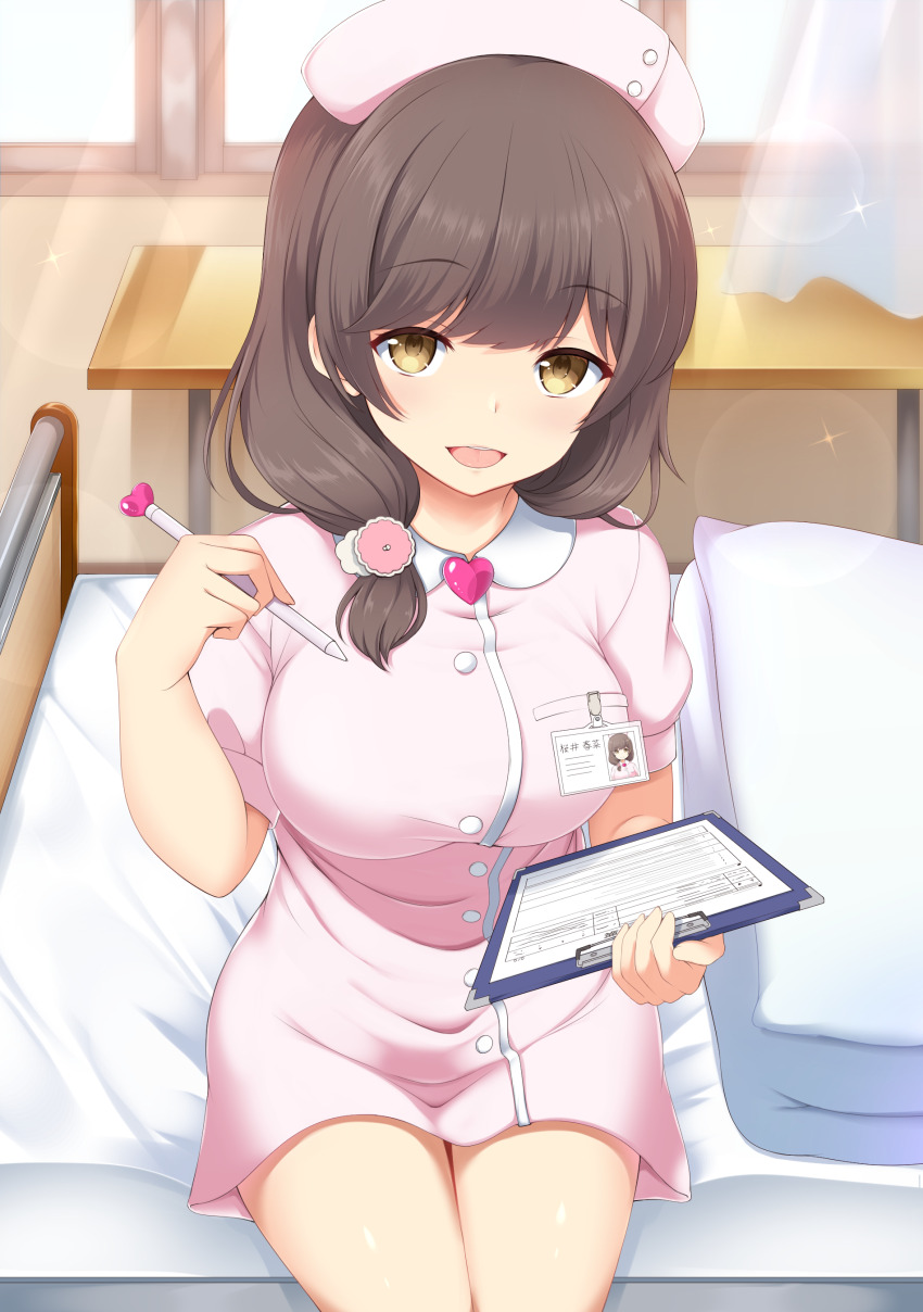 1girl, :d, absurdres, argentum_2o, bed, blush, breasts, brown_eyes