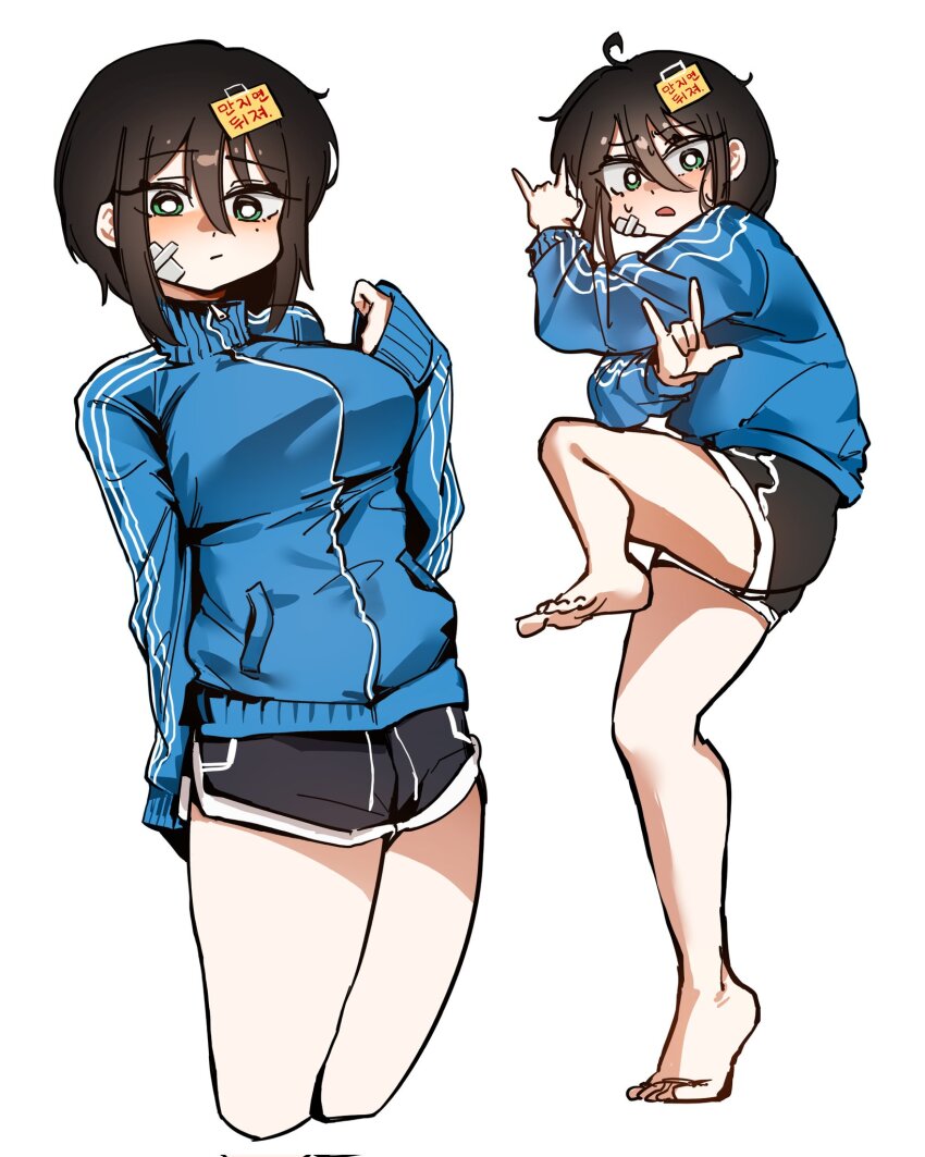 1girl, \m/, ahoge, bandaid, bandaid_on_cheek, bandaid_on_face, barefoot, black_hair