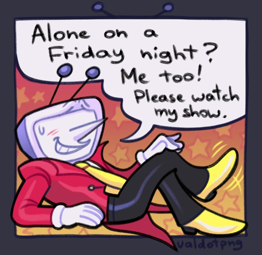 1boy, alone_on_a_friday_night?_(meme), ant_tenna, artist_name, black_pants, blush, border, crossed_legs