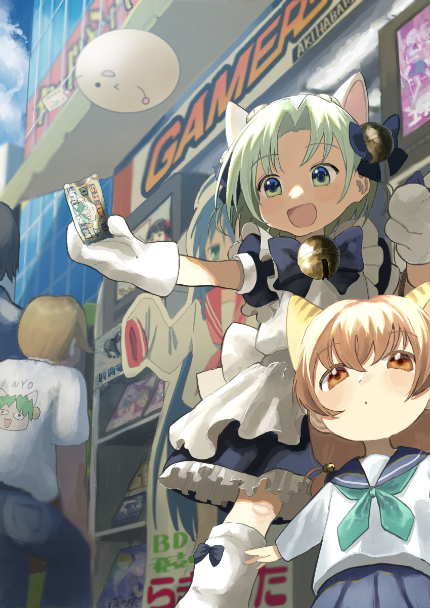 >_o, 1_kozin, 2boys, 2girls, absurdres, akihabara_(tokyo), animal_hat, bell, brown_eyes, cat_hat, character_print, dejiko, di_gi_charat, gamers_(store), gema, green_hair, hair_bell, hair_ornament, hat, highres, izumi_konata, lucky_star, mittens, multiple_boys, multiple_girls, one_eye_closed, open_mouth, outdoors, outstretched_arm, puchiko, puffy_short_sleeves, puffy_sleeves, short_sleeves, takeshi_(di_gi_charat), white_mittens, yoshimi_(di_gi_charat)