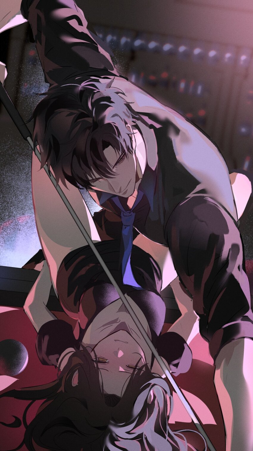 1boy, 1girl, bare_legs, between_legs, black_hair, black_shirt, blue_necktie, blush, brown_eyes, cue_stick, evil_fishie, hetero, highres, indoors, love_and_deepspace, lying, necktie, on_back, on_table, pool_table, protagonist_(love_and_deepspace), shirt, short_hair, sleeves_rolled_up, table, very_short_hair, zayne_(love_and_deepspace)