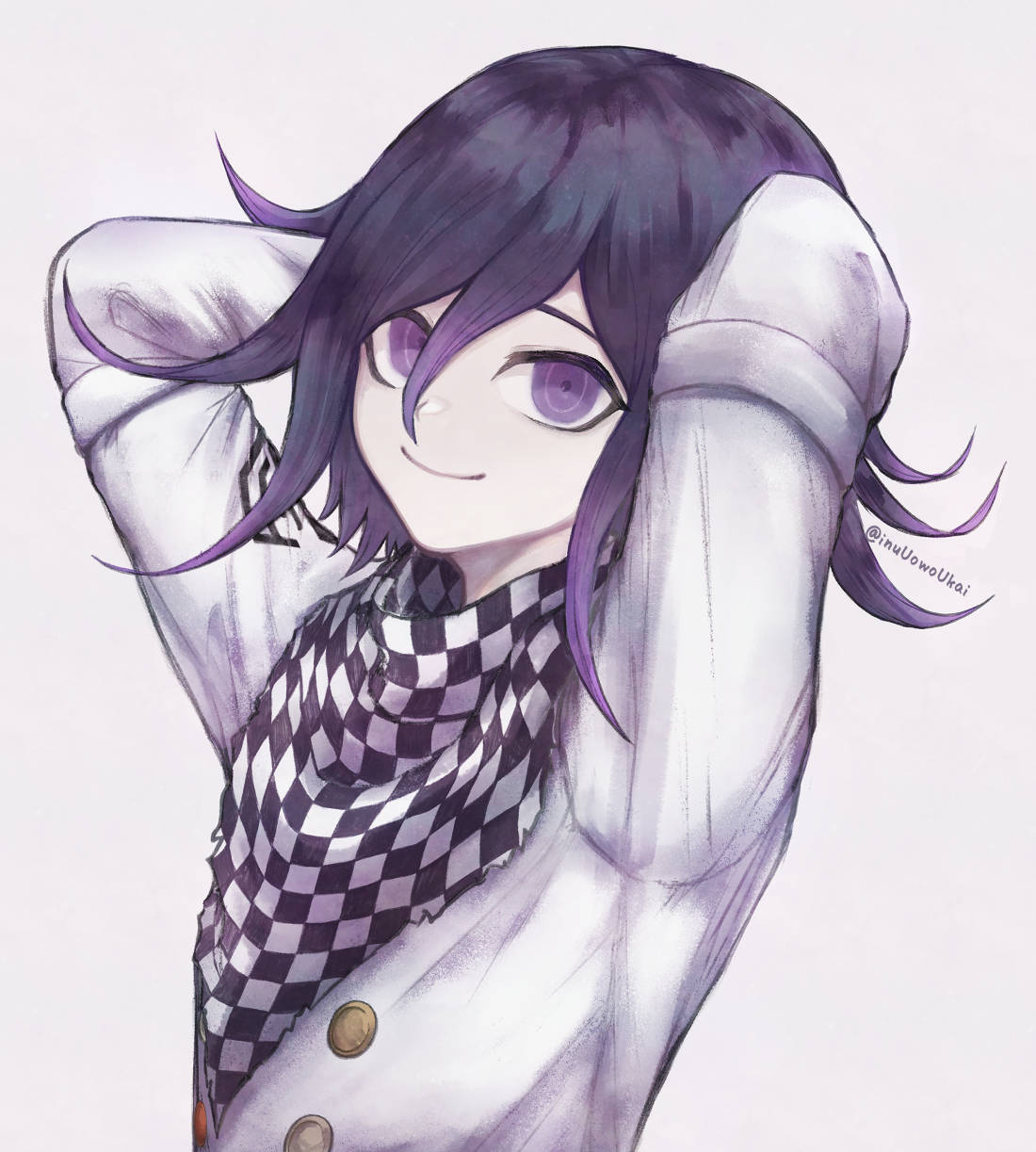 1boy, arm_belt, arms_behind_head, buttons, checkered_clothes, checkered_scarf, danganronpa_(series), danganronpa_v3:_killing_harmony