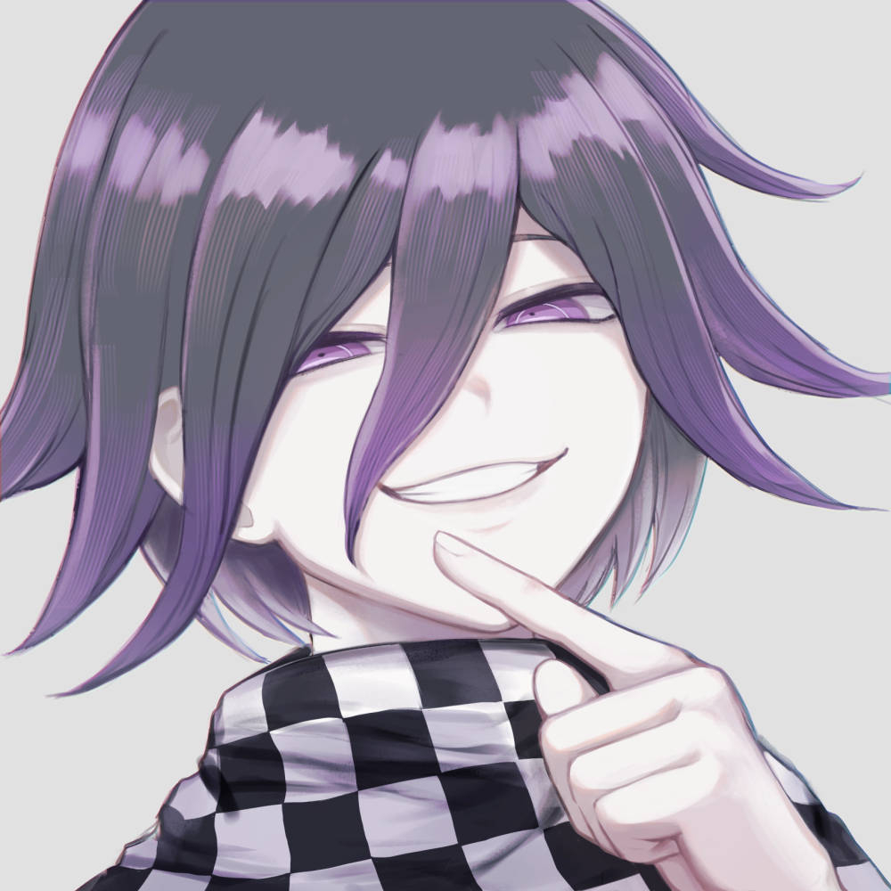 1boy, checkered_clothes, checkered_scarf, commentary, danganronpa_(series), danganronpa_v3:_killing_harmony, finger_to_own_chin, flipped_hair