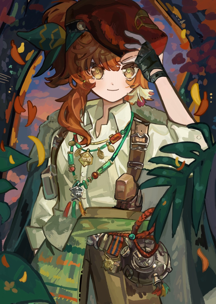 1girl, absurdres, beret, black_gloves, brown_shorts, closed_mouth, collared_shirt, cowboy_shot