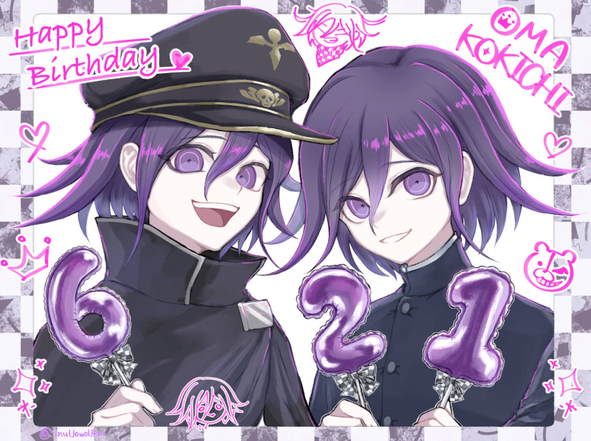 2boys, :d, black_cape, black_hat, cape, character_name, danganronpa_(series), danganronpa_v3:_killing_harmony